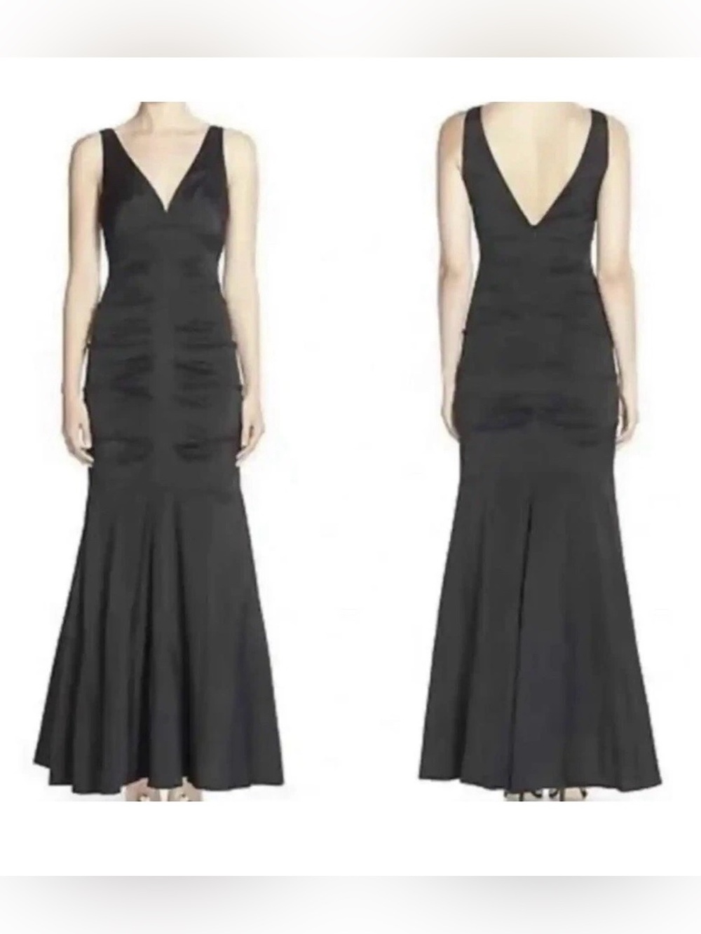 Preowned Xscape by Joanna Chen Black Ruched V-Neck Mermaid Evening Gown Sz 12P